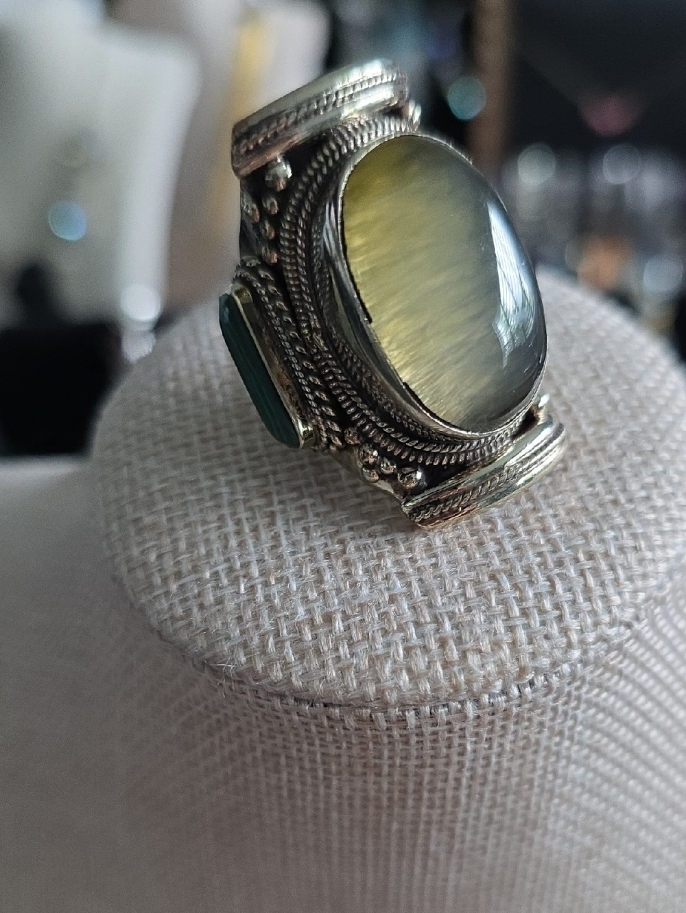Green Cat's Eye Statement Ring with Rope Detailing